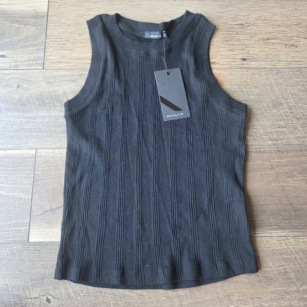 Renuar Womens Ribbed Tank Top Black Crew Neck Sleeveless Basic Size 36 NEW